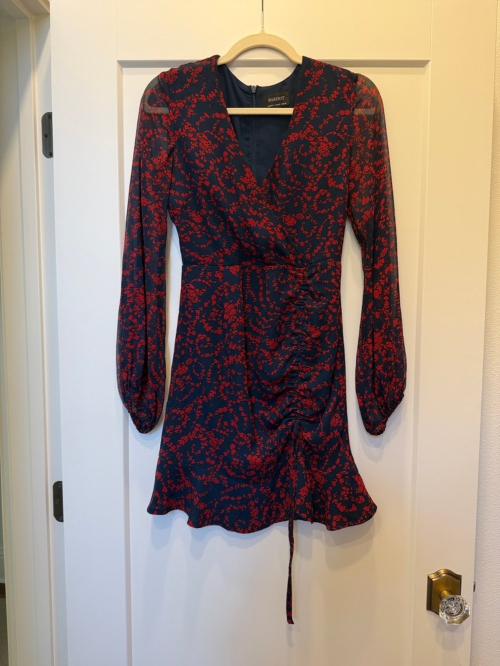 Bardot Navy Dress with Red Floral Print - Long Sleeve Wrap Mini